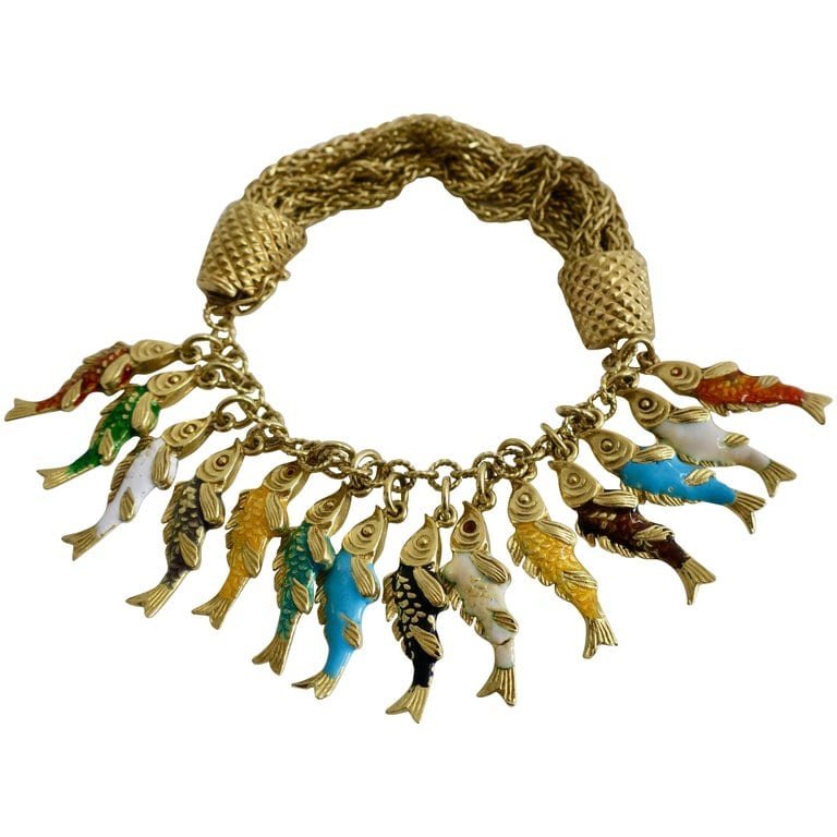 Whimsical Gold and Enamel Fish Charm Bracelet, France