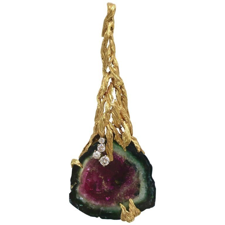 1970s Gilbert Albert Watermelon Tourmaline Gold Pendant