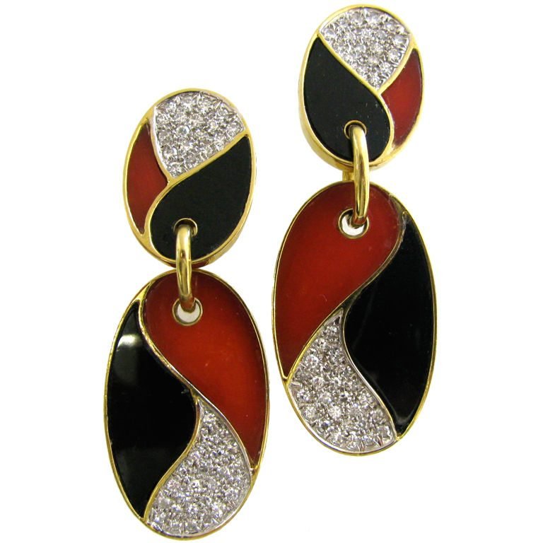 LARRY A Pair of Diamond and Onyx Earrings Circa 1970