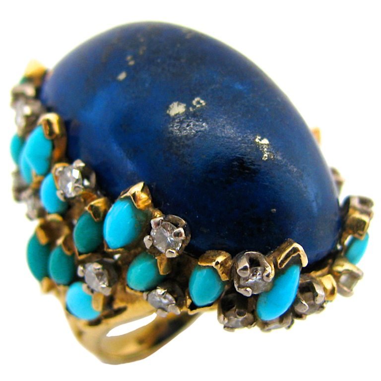KUTCHINSKY, A Gold, Turquoise and Lapis Cocktail Ring, c1960