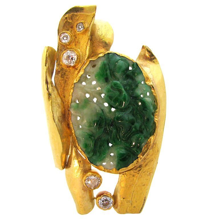 JANIYE, 18k-24K Gold, Diamond,Jadite Pendant-Brooch c1970 Unique